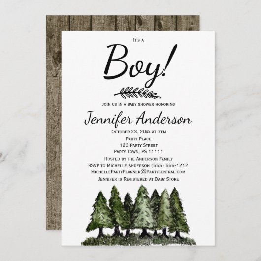 Forest Pine Rustic Country Boy Baby shower Kaart (Voorkant / Achterkant)