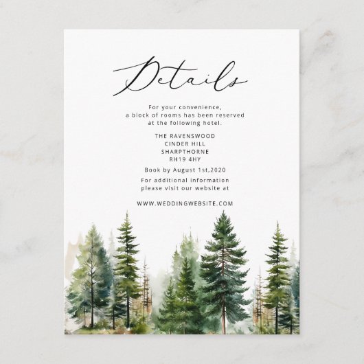 Forest Pine Tree elegante winter bruiloft details Informatiekaartje (Voorkant)
