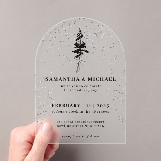 Forest Pine Tree Winter Wedding Acryl Uitnodigingen (Insitu (Draagbaar))