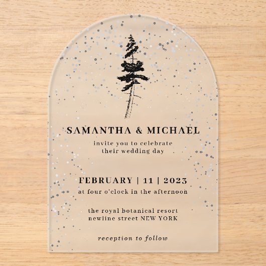 Forest Pine Tree Winter Wedding Acryl Uitnodigingen (Voorkant)