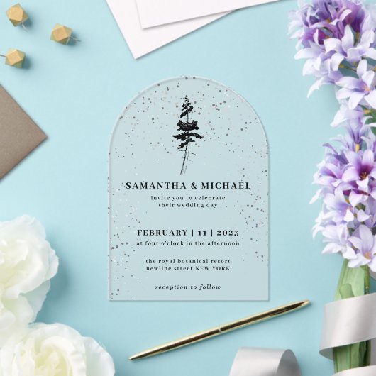 Forest Pine Tree Winter Wedding Acryl Uitnodigingen (Insitu (Huwelijk))