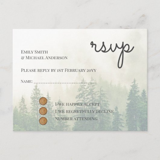 Forest Pine Trees Bruiloft RSVP Retourzending Post Uitnodiging Briefkaart (Voorkant)