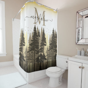 Forest Pine Trees Script Name Monogram Douchegordijn