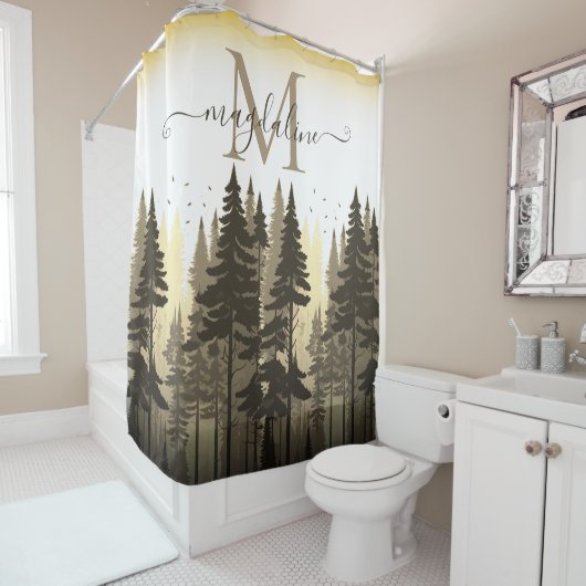 Forest Pine Trees Script Name Monogram Douchegordijn (In situ)