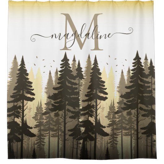 Forest Pine Trees Script Name Monogram Douchegordijn (Voorkant)