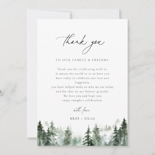 Forest Pines Bruiloft Receptie Tafel Dank u Bedankkaart (Voorkant)