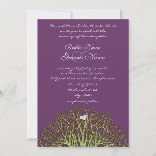 Forest Plum Green Woodpecker Tree Wedding Invites Kaart (Achterkant)