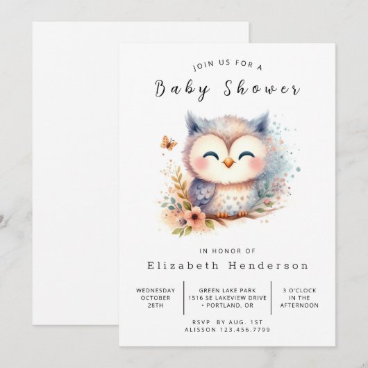 Forest Printable Owl Baby shower Kaart (Voorkant / Achterkant)