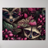 Forest Raccoon Pink Berries | Raccoon Wall Print (Voorkant)