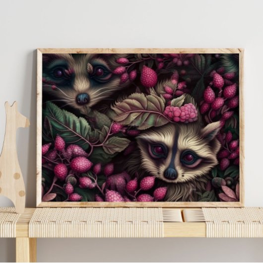 Forest Raccoon Pink Berries | Raccoon Wall Print