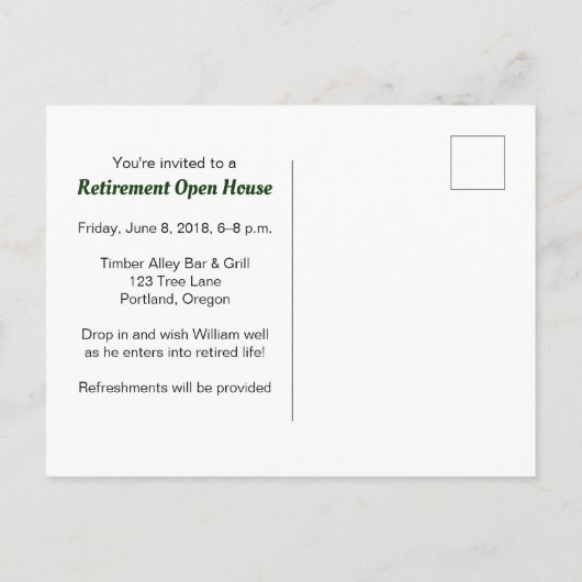 Forest Retirement Open House Briefkaart (Achterkant)