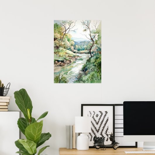 Forest River Waterverf schilderij Poster (Thuiskantoor)