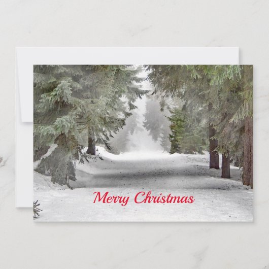 Forest Road Snow Pine Trees Foto Kerst Flat Feestdagenkaart (Voorkant)