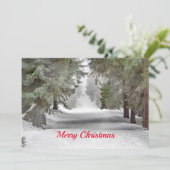 Forest Road Snow Pine Trees Foto Kerst Flat Feestdagenkaart (Staand voorkant)