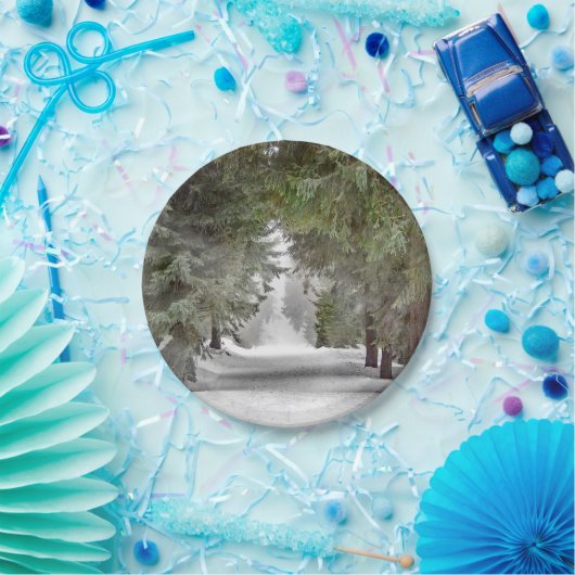 Forest Road Snow Pine Trees Foto Papieren Bordje (Feest)