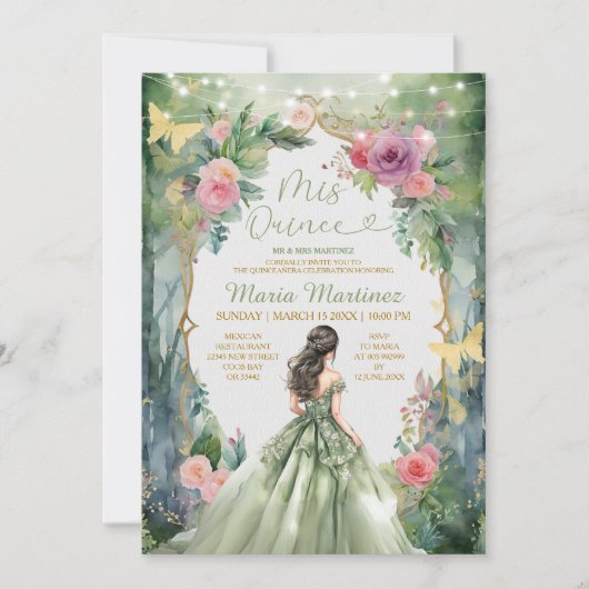 Forest Sage Green Dress Roze Bloemen 15 Mis Quince Kaart (Voorkant)