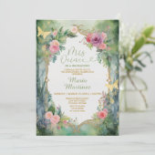 Forest Sage Green Pink Floral 15 Mis Quince Party Kaart (Staand voorkant)