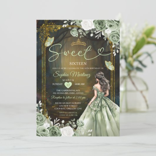 Forest Sage Green Princess Quinceañera Kaart (Staand voorkant)