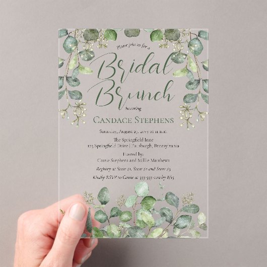 Forest Sage Green Seeed Eucalyptus Vrijgezellenfee Acryl Uitnodigingen (Insitu (Draagbaar))