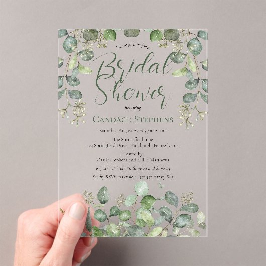 Forest Sage Green Seeed Eucalyptus Vrijgezellenfee Acryl Uitnodigingen (Insitu (Draagbaar))