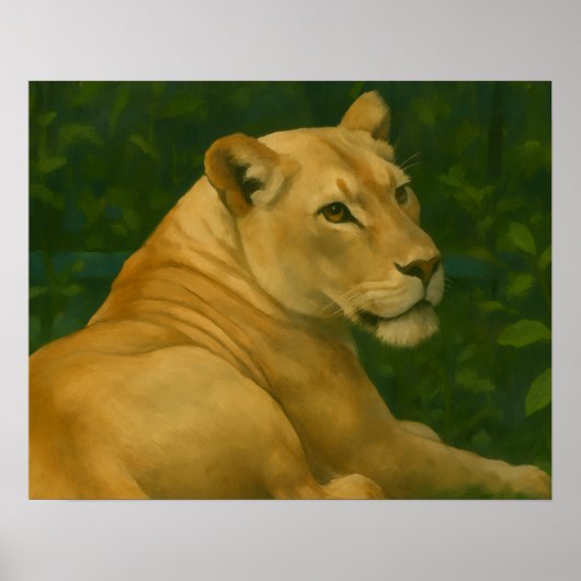 Forest Sentinel - Rustende leeuwin in gouden licht Poster (Voorkant)