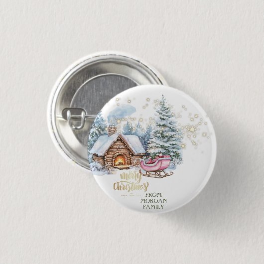 Forest Snow House Sleigh Ronde Button 3,2 Cm (Voorkant /achterkant)