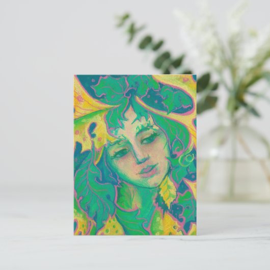 Forest Spirit, Surreal Fantasy Portrait Green Folk Briefkaart (Staand voorkant)