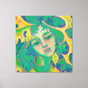 Forest Spirit, Surreal Fantasy Portrait Green Folk Canvas Afdruk