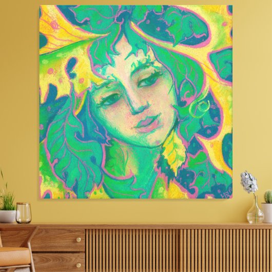 Forest Spirit, Surreal Fantasy Portrait Green Folk Canvas Afdruk (Insitu (Woonkamer))