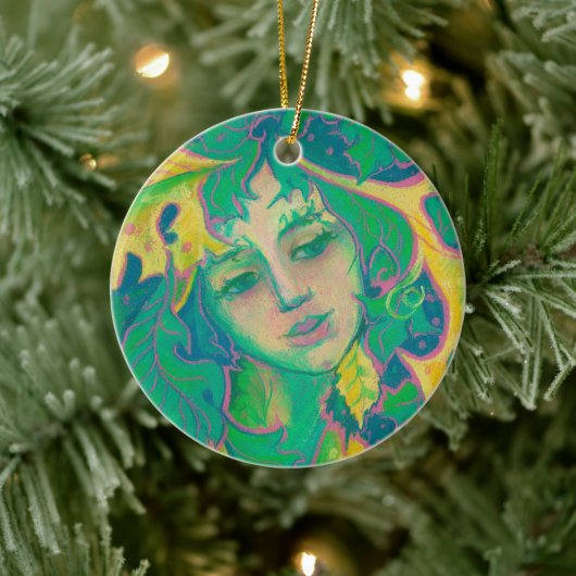 Forest Spirit, Surreal Fantasy Portrait Green Folk Keramisch Ornament (Boom)