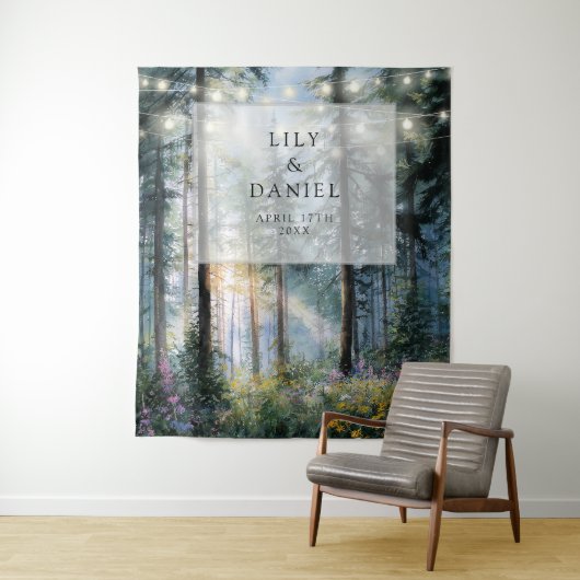 Forest String Lights Floral Wedding Photo Backdrop Wandkleed (In situ)