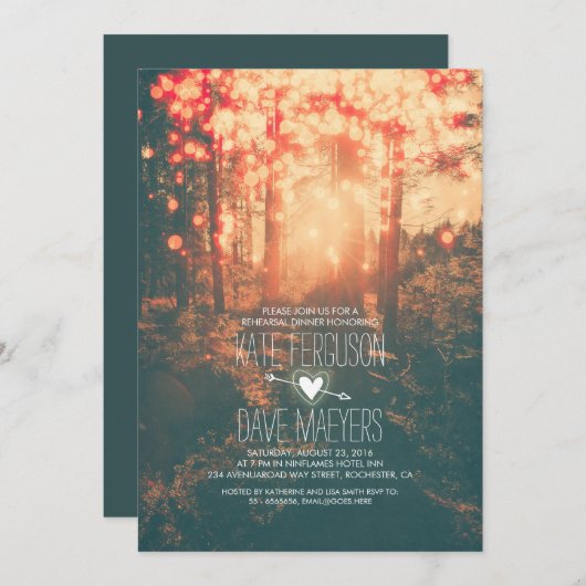 Forest String Lights Rustic Rehearsal Dinner Kaart (Voorkant / Achterkant)