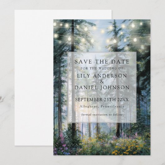 Forest String Lights Wildflowers Floral Wedding Save The Date (Voorkant / Achterkant)