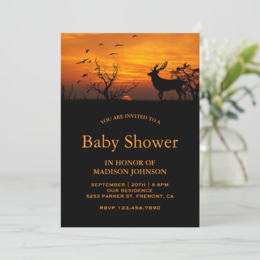 Forest Sunset Deer Baby shower Kaart (Staand voorkant)