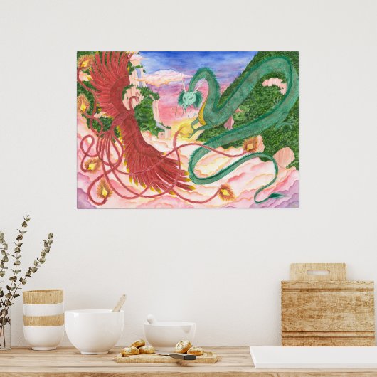 Forest Sunset Dragon en Phoenix Poster (Keuken)