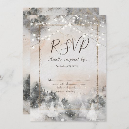 Forest Tree Woodland String Lights RSVP Kaart (Voorkant / Achterkant)