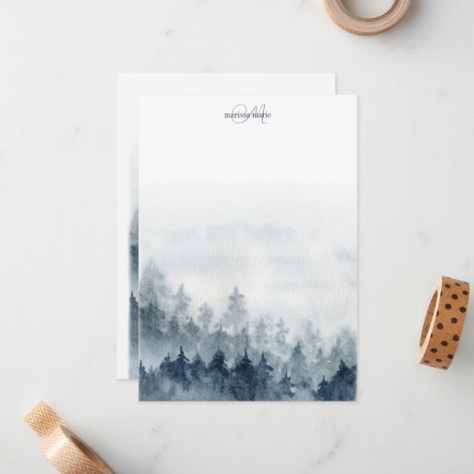 Forest Trees Monogrammed Notitiekaartje (Voorkant / Achterkant in situ)