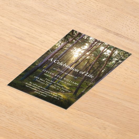Forest Trees Sunset Celebration of Life Funeral Acryl Uitnodigingen (Laagn)