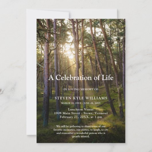 Forest Trees Sunset Celebration of Life Funeral Kaart (Voorkant)