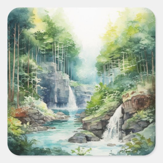 Forest Waterfall Vierkante Sticker (Voorkant)