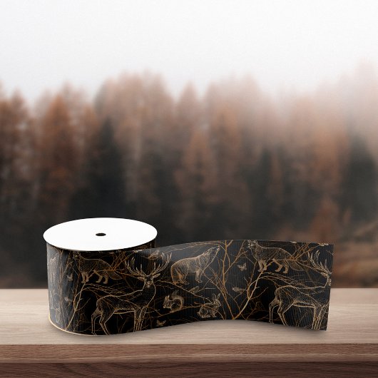 Forest Wildlife Animals Herten Beren Dark Natuur Grosgrain Lint