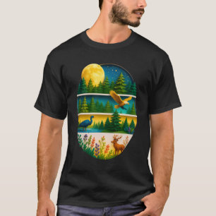 Forest Wildlife Retro Style Moon Deer Eagle Natuur T-shirt