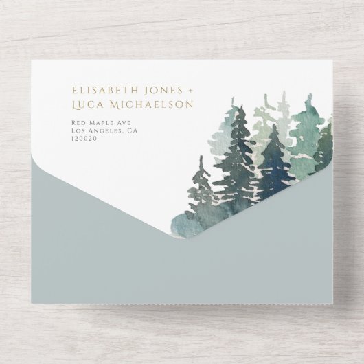 Forest Winter Landschap Woodland Wedding QR Code All In One Uitnodiging (Achterkant)