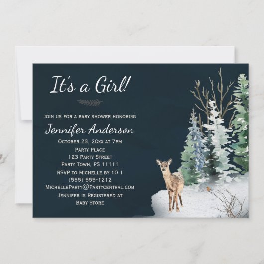 Forest Winter Woodland Deer Girl Baby shower Kaart (Voorkant)