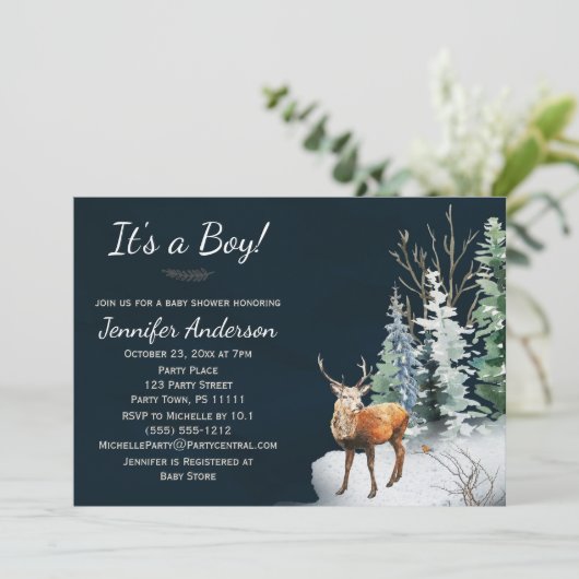 Forest Winter Woodland Herten Jongen Baby shower Kaart (Staand voorkant)
