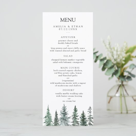 Forest Wintre Watercolor Wedding Menu (Staand voorkant)