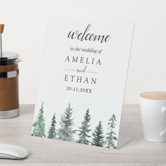 Forest Wintre Watercolor Wedding Reclamebord Met Voetstuk (Insitu)