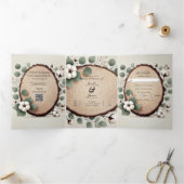 Forest Wood Eucalyptus & Cotton Rustic Wedding Drieluik Uitnodiging (Binnen)