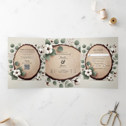 Forest Wood Eucalyptus & Cotton Rustic Wedding Drieluik Uitnodiging (Binnen)