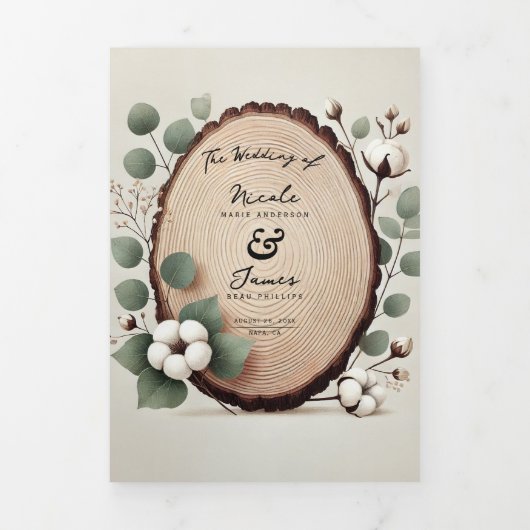 Forest Wood Eucalyptus & Cotton Rustic Wedding Drieluik Uitnodiging (Cover)